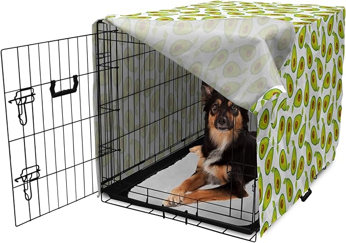Lunarable Avocado Dog Crate Cover, Pattern of Sliced Healthy Fruits Scattered, Easy to Use Pet Kennel Cover for Medium Large Dogs, 36 Inch, Lime Green White Brown