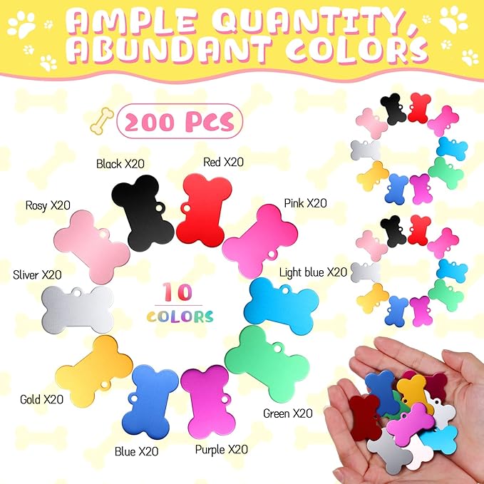200 Pcs Blank Dog Pet Tags for Engraving 38MM Aluminum Bone Shape Name Tag Colorful Double Sided Dog Cat Phone Number Tag Pendantsnts