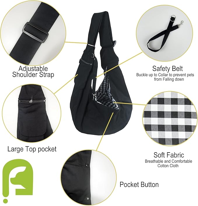 Pet Sling Carrier Adjustable Shoulder Strap Puppy Tote Hands Free Reversible Pet Backpack for Outdoor Travel Black
