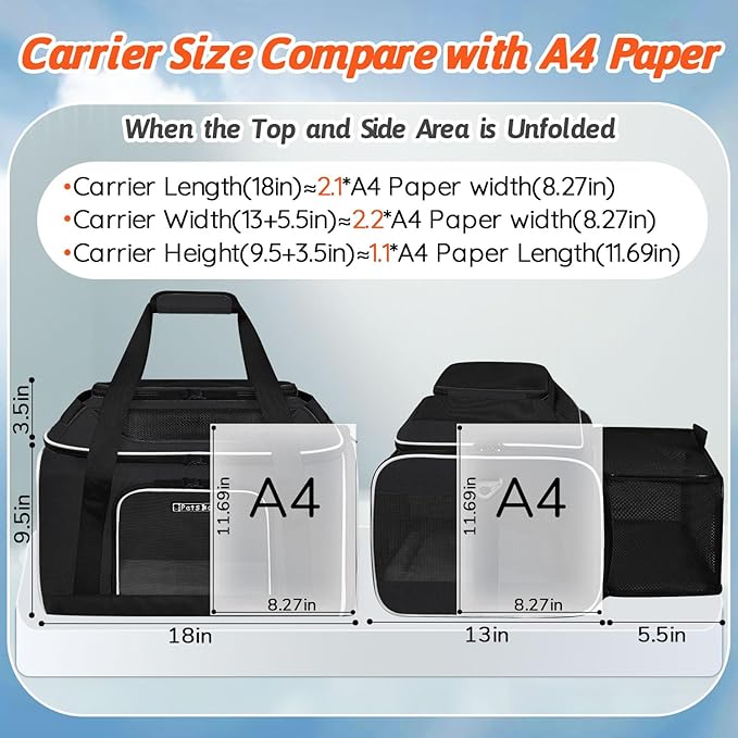 Petskd Top and Side Expandable Pet Carrier 18x13x9.5 Inches Southwest Allegiant Airline Approved, Soft-Sided Carrier for Small Cats and Dogs with Locking Safety Zippers and Anti-Scratch Mesh(Black)