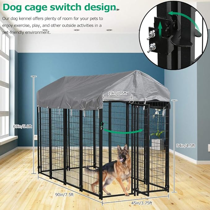 FDW Large Dog Kennel Pet Crate Heavy Duty Cage Puppy Playpen Wire Animal Metal Camping Indoor Outdoor Cage for Large Dogs with Roof