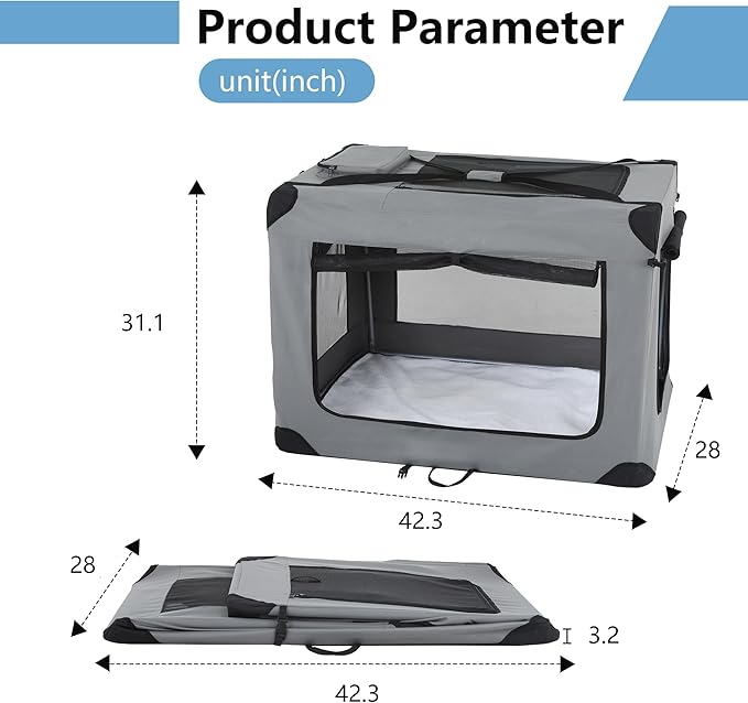 FDW 42 Inch Soft Collapsible Dog Crate 3-Door Open Dog Kennel with Mesh Window Portable Travel Pet Crate Indoor & Outdoor Pet Home, Grey