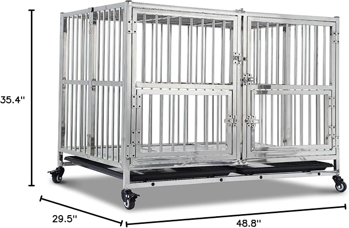 48" Heavy Duty Dog Crate Cage Kennel with Wheels, Full Stainless Steel High Anxiety Indestructible Dog Crate, Sturdy Locks Design, Double Door Small Door Design & Removable Tray Design (Silver)