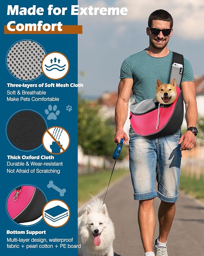 Pawaboo Dog Sling Carrier, Dog Papoose with Zipper Touch Pocket, Hand Free Breathable Mesh Puppy Carrier, Crossbody Satchel Dog Purse with Adjustable Strap for Outdoor Travel, Pink, Small