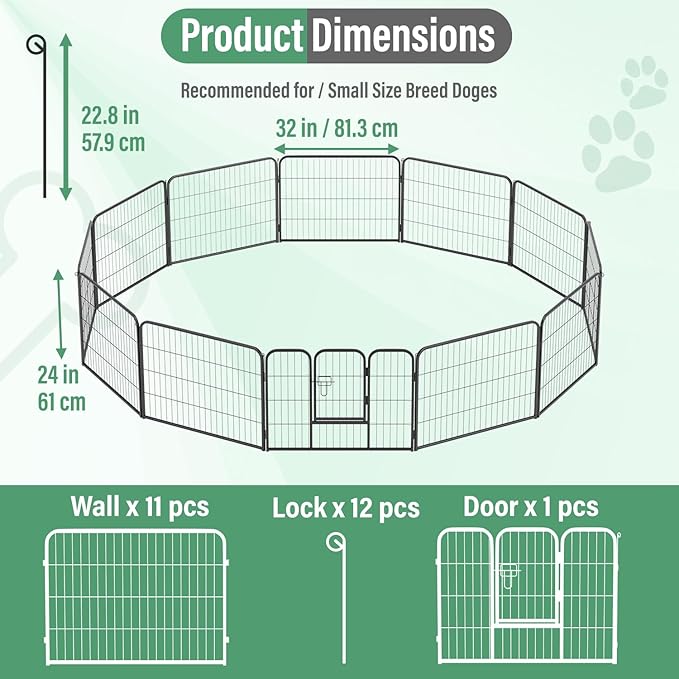 FDW Dog Playpen Dog Pen Dog Kennel 12 Panels 24 Inch Height Indoor Outdoor Folding Metal Portable Puppy Exercise Pen Heavy Duty Dog Fence for Yard Camping,Black