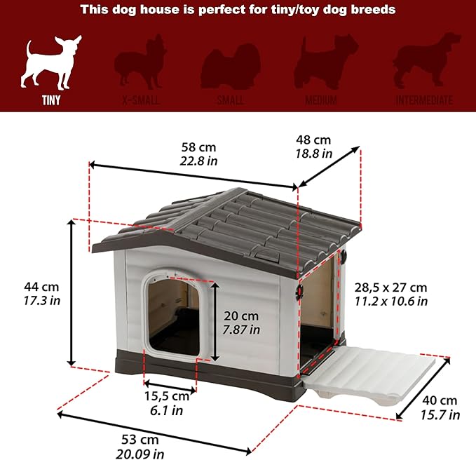 Ferplast Dog Villa XS Dog House for Extra Small Dog Breeds, Measures 23Lx17Wx18H Inches, Ventilated with Patented Fold-Out Porch, Cream with Dark Brown Bottom, Part # 87252799US1