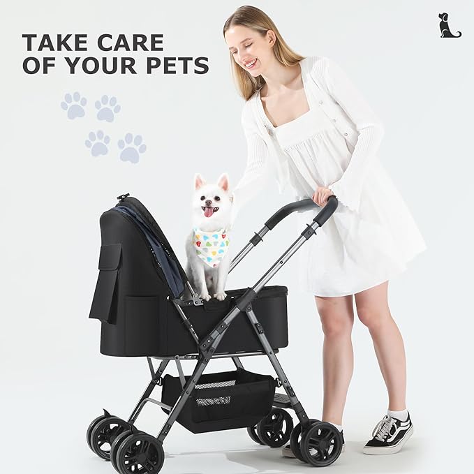 SWITTE Dog Stroller for Small Medium Dogs, Foldable Cat Pet Stroller with Reversible Handlebar, 4 Universal Wheels, Portable Puppy Dog Jogging Stroller with Waterproof Pad, Blue