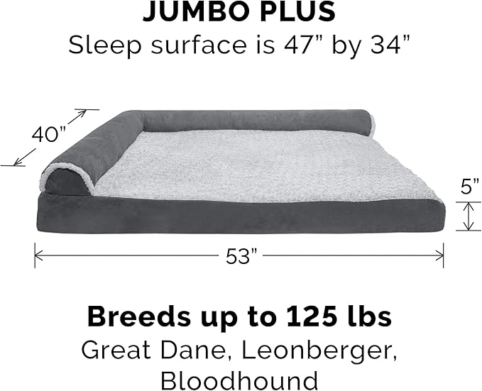 Furhaven Memory Foam Dog Bed for Large Dogs w/ Removable Bolsters & Washable Cover, For Dogs Up to 125 lbs - Two-Tone Plush Faux Fur & Suede L Shaped Chaise - Stone Gray, Jumbo Plus/XXL