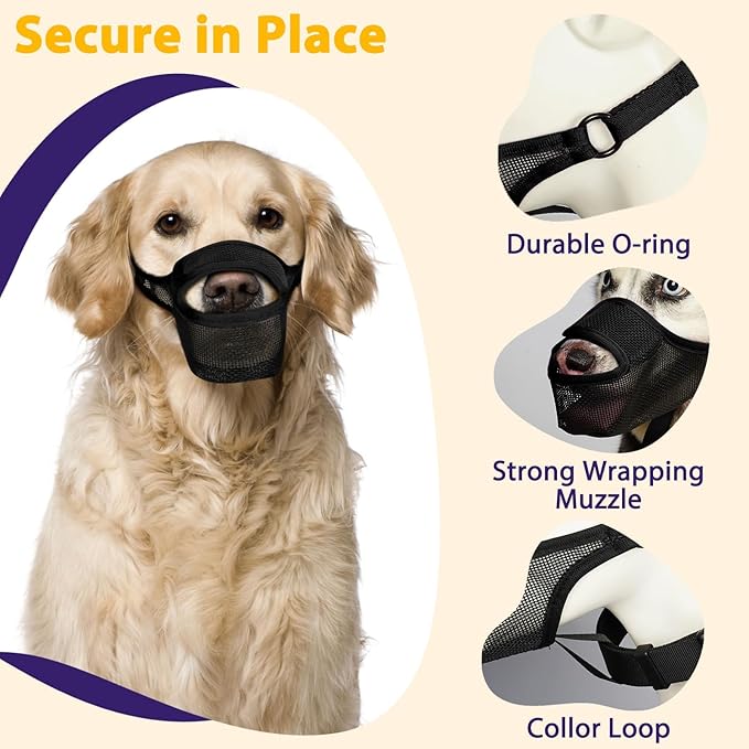 LUCKYPAW Dog Muzzle, Mesh Muzzle for Large Medium Small Dogs with Front Opening Design, Dog Mouth Cover to Prevent Biting, Licking, Chewing, Scavenging, Allows Drinking (S-Snout:7¾-8¾", Black)