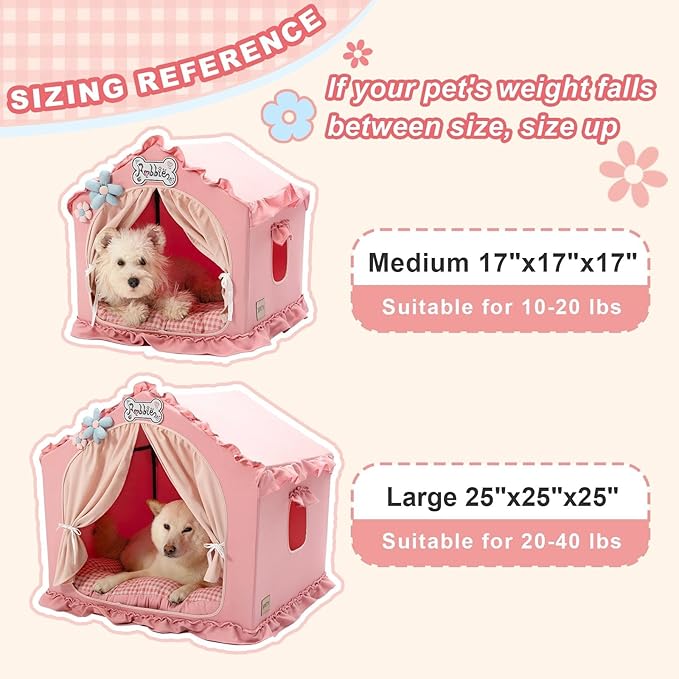 Jiupety Indoor Dog House with Frame, Cute Dog Tent Bed with Cover Cave, Breathable, Washable, and Foldable House, Suitable for 10-20 Lb Puppy and Cats, Medium (17"×17"×17"), Pink