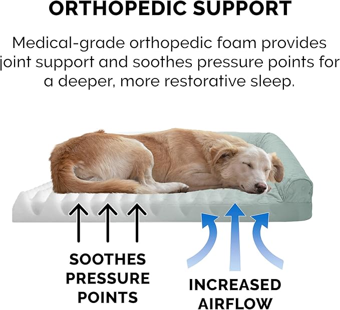 Furhaven Orthopedic Dog Bed for Medium/Small Dogs w/ Removable Bolsters & Washable Cover, For Dogs Up to 35 lbs - Pinsonic Quilted Paw L Shaped Chaise - Iceberg Green, Medium