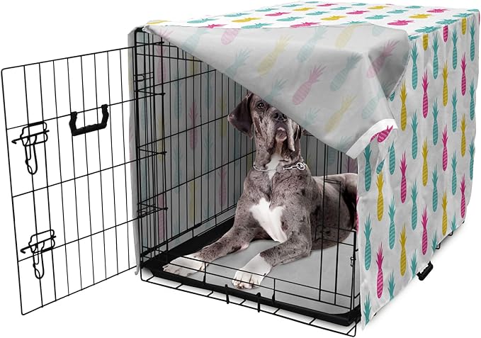 Lunarable Yellow Pineapple Dog Crate Cover, Rhythmic Ananas Fruits in Colorful Design Summer Tropical Concept, Easy to Use Pet Kennel Cover for Medium Large Dogs, 48 Inch, Turquoise Hot Pink