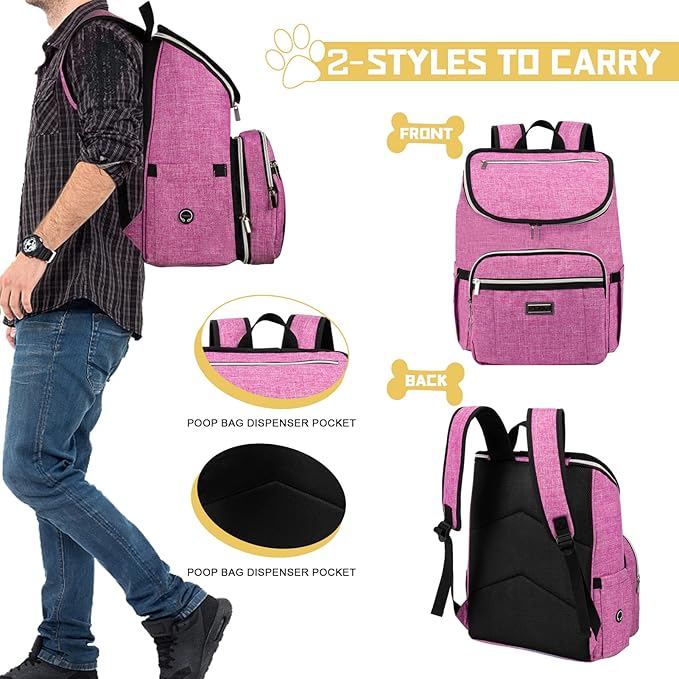 BAGLHER Travel Dog Backpack - Detachable Travel Dog Food Container for Pet Supplies Dog Gear Backpack,Dog Bag for Traveling with 2 Silicone Collapsible Bowls and 2 Food Baskets Pink