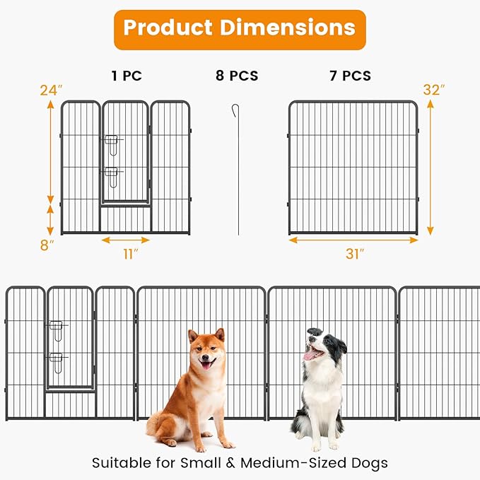 Giantex Dog Playpen Outdoor 32" H - 8 Panels Metal Pet Fence for Medium Dogs, 20.5ft Total Length, Heavy Duty Dog Pen Exercise Fence with Door, Portable Dog Fence Outdoor for Yard Garden RV Camping