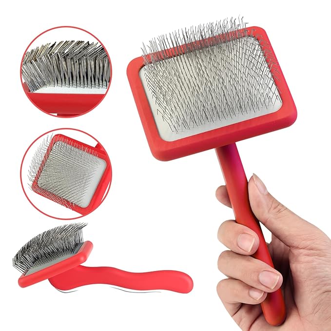 Slicker Brush for Grooming Long-Haired Dogs like Poodles, Goldendoodles, Labradoodles - Large Size Dematting Pin Brush for Pet Hair (Red)