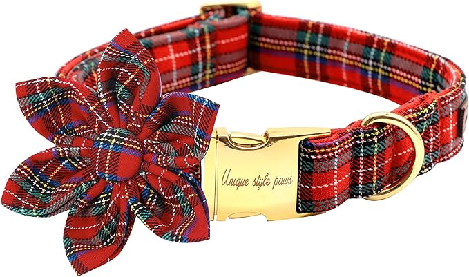 Uniqe Style Paws Christmas Grid Dog Collar, Female or Male Adjustable Dog Collar with Flower, Durable Floral Pattern Pet Collar for Large Dogs
