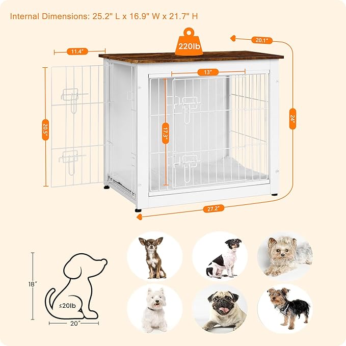 DWANTON Dog Crate Furniture with Cushion, Wooden Dog Crate with Double Doors, Dog Furniture, Dog Kennel Indoor for Small Dog,End Table, 27.2" L, White+Rustic Brown