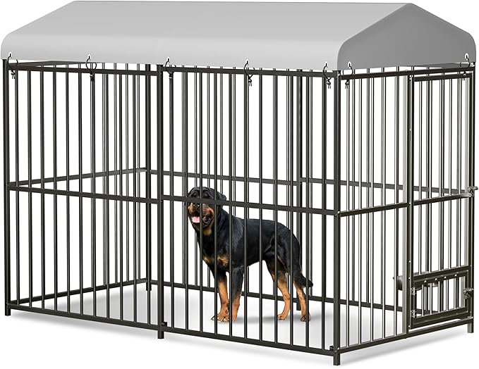 Large Outdoor Dog Kennel with Waterproof Cover, Large Dog House with Feeding Doors, Heavy Duty Dog Enclosures for Garden Backyard Courtyard(8×4×6FT)