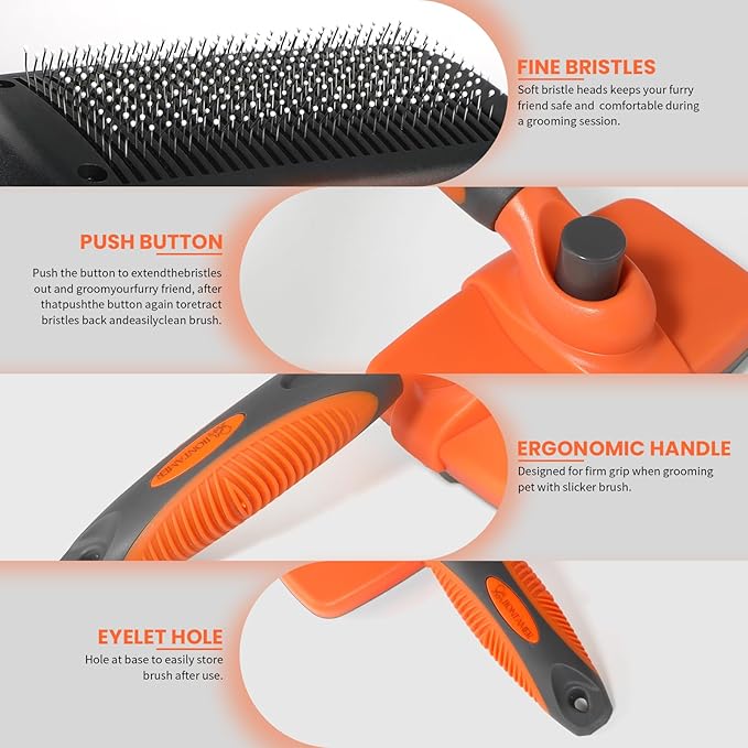 LION TAMER Self-Cleaning Slicker Brush for Dogs & Cats, Hair Brush for Pets, Deshedding Brush, Orange, Large