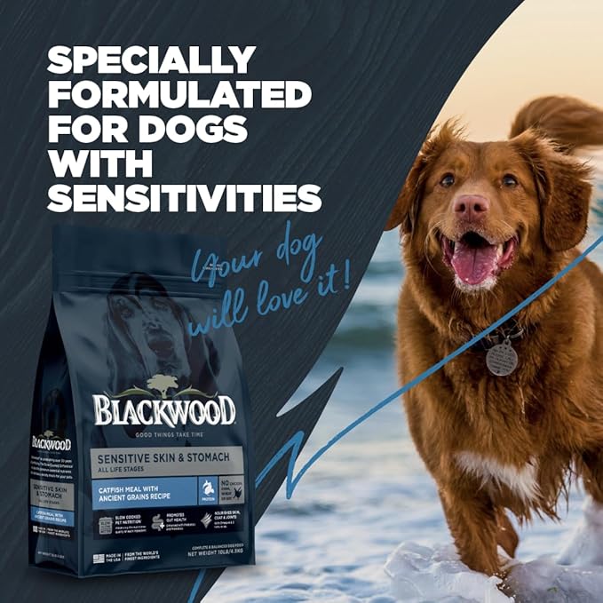 Blackwood Sensitive Skin & Stomach Dry Dog Food, Catfish Meal & Brown Rice with Ancient Grains, 10 Pound Bag with Prebiotics & Probiotics to Promote Gut Health