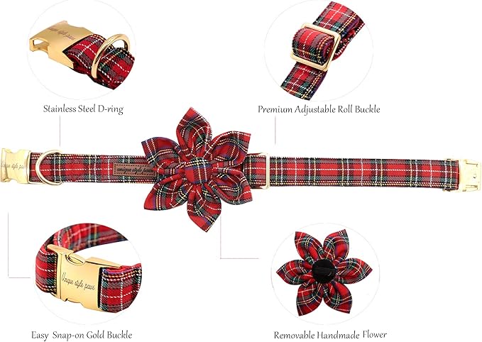 Uniqe Style Paws Christmas Grid Dog Collar, Female or Male Adjustable Dog Collar with Flower, Durable Floral Pattern Pet Collar for Large Dogs