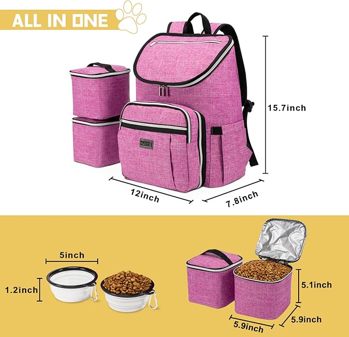 BAGLHER Travel Dog Backpack - Detachable Travel Dog Food Container for Pet Supplies Dog Gear Backpack,Dog Bag for Traveling with 2 Silicone Collapsible Bowls and 2 Food Baskets Pink