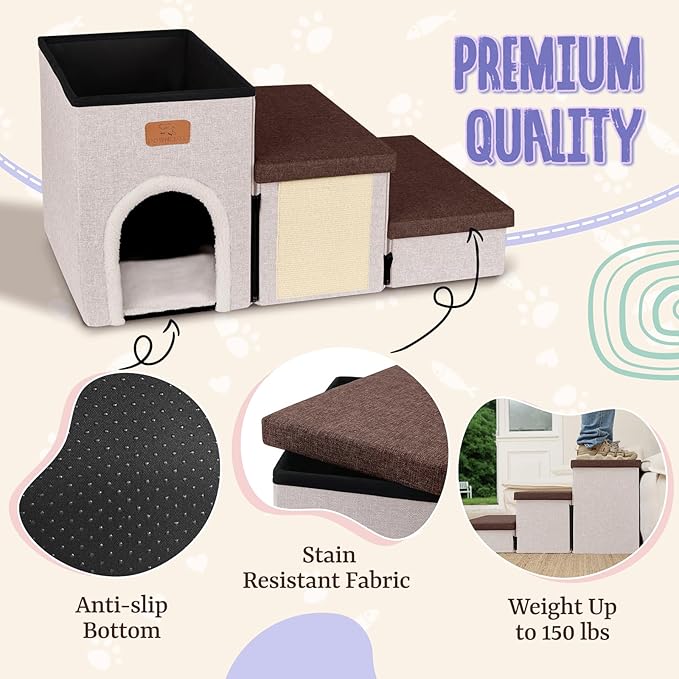 downluxe Dog Stairs for Small Dogs, Foldable Dog Steps for Bed, Sofa and Chair, Non-Slip Pet Steps with Cat Scratcher and Condo (3-Step Pet Stairs, Brown-Beige)