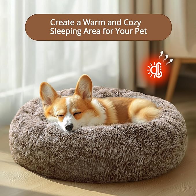 JOLLYVOGUE Dog Beds for Medium Dogs, Anti-Anxiety Washable Round Bed, Calming Donut Dog Cat Bed for Puppy Bed, Fluffy Dog Beds for Medium Dogs, Round Puppy Bed for Indoor Pet (28"/Smoke Brown