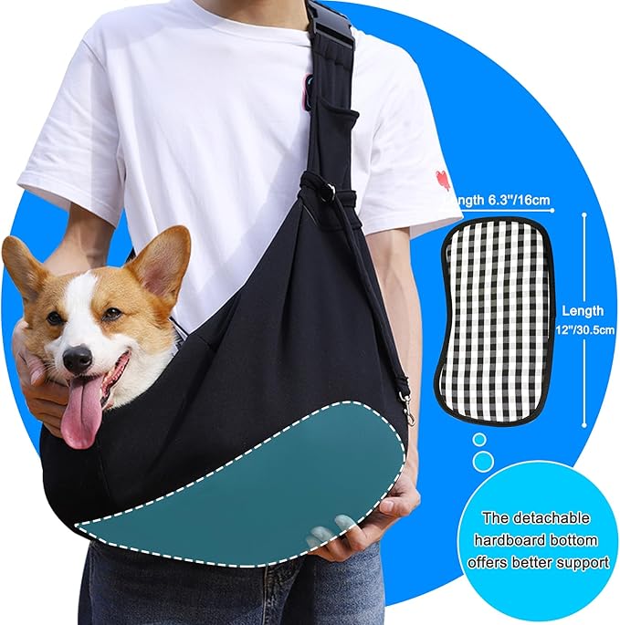 Kanemc Small Dog Sling Carrier Include Bottom Support, Puppies Cat Wrap Carrier Sling Adjustable Strap Zip Pocket, Hands Free Pets Pack for Outdoor Travel Vet (Black)