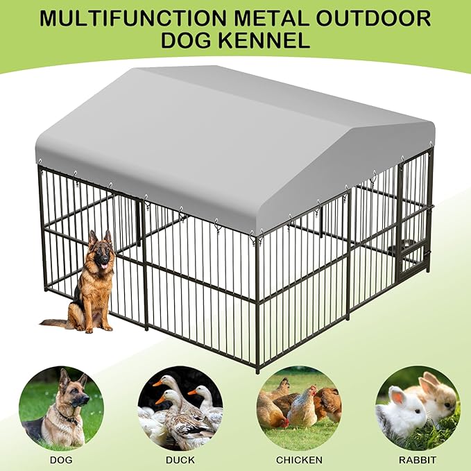 Large Outdoor Dog Kennel with Waterproof Cover, Large Dog House with Feeding Doors, Heavy Duty Dog Enclosures for Garden Backyard Courtyard(10×10×7FT)