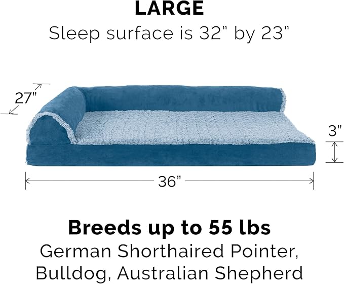 Furhaven Memory Foam Dog Bed for Large/Medium Dogs w/ Removable Bolsters & Washable Cover, For Dogs Up to 55 lbs - Two-Tone Plush Faux Fur & Suede L Shaped Chaise - Marine Blue, Large
