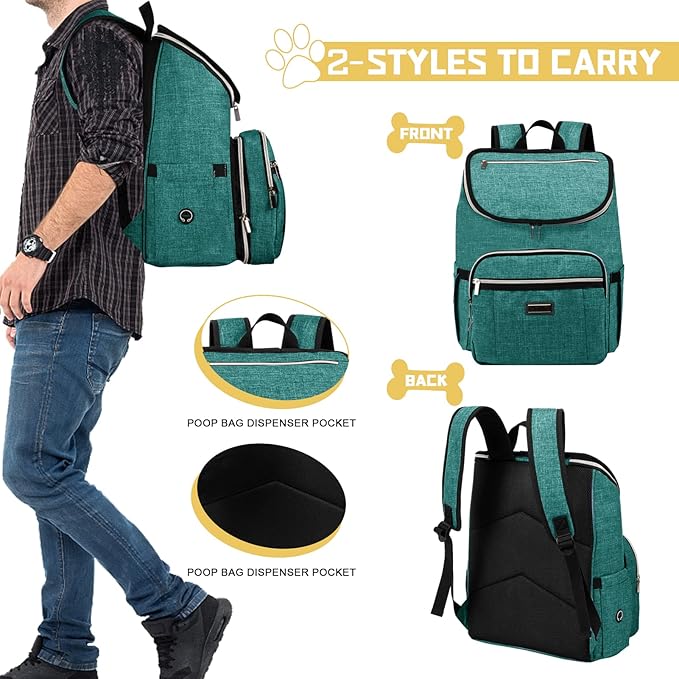 BAGLHER Travel Dog Backpack - Detachable Travel Dog Food Container for Pet Supplies Dog Gear Backpack,Dog Bag for Traveling with 2 Silicone Collapsible Bowls and 2 Food Baskets Green