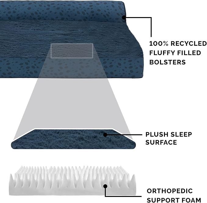 Furhaven Orthopedic Dog Bed for Large Dogs w/ Removable Bolsters & Washable Cover, For Dogs Up to 95 lbs - Plush & Almond Print L Shaped Chaise - Blue Almonds, Jumbo/XL