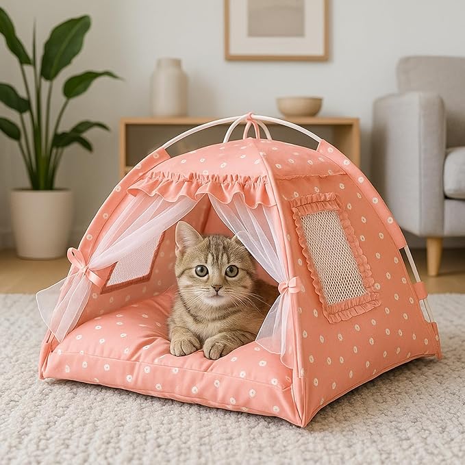 pawstrip Dog Tent Indoor Cat House Pink Puppy Bed Portable Pet Teepe Princess Dog Camping Tent Outdoor Kitten Houses Cute Bunny Nest Girl Kitty Cave (M, Pink)
