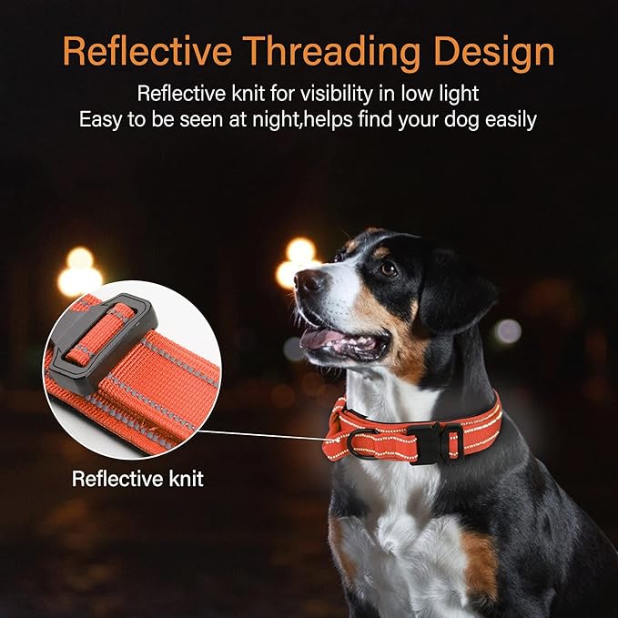 KCUCOP Tactical Dog Collar, Heavy Duty Dog Collar with Handle and Metal Buckle, Military Thick Dog Collars for Medium and Large Dogs(Orange-M-Reflective, 1 Patch)