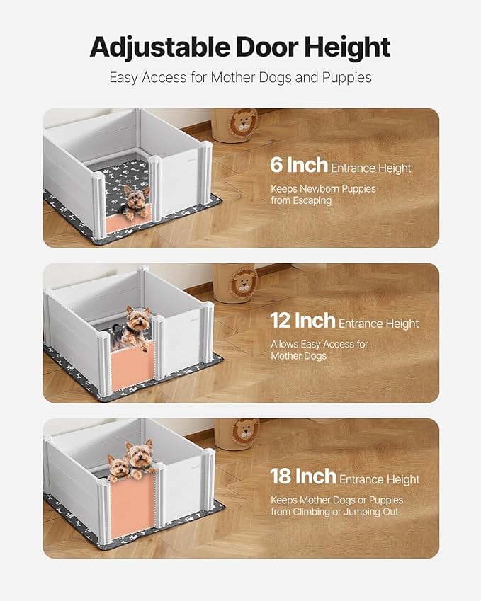VEVOR Dogs Whelping Box, 38.6 x 38.6 x 18.1 inch, Plastic PVC Puppies Playpen with Height Adjustable Door and Washable Pee Pad, Anti-Deformation Indoor Puppy Play Pen for Medium Breed Dogs, Milk White