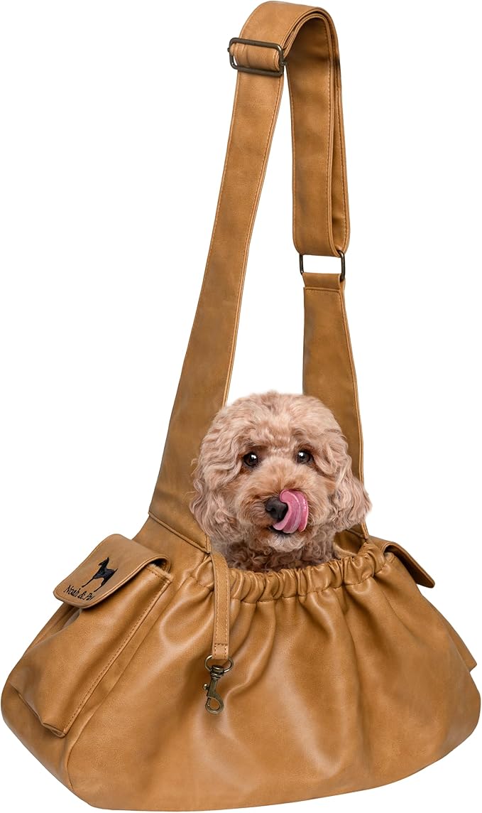Noah & Paw Dog Sling Carrier for Small Dogs 5-18lb, Dog Sling for Small Dogs and Cats, Dog Carrier with Adjustable Padded Strap, Vegan Leather Lined with Fur, Double Safety Feature, Machine Washable