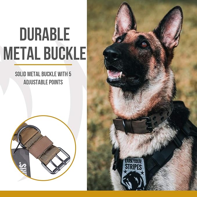 OneTigris Military Adjustable Dog Collar with Metal D Ring & Buckle 2 Sizes (Coyote Brown, L)