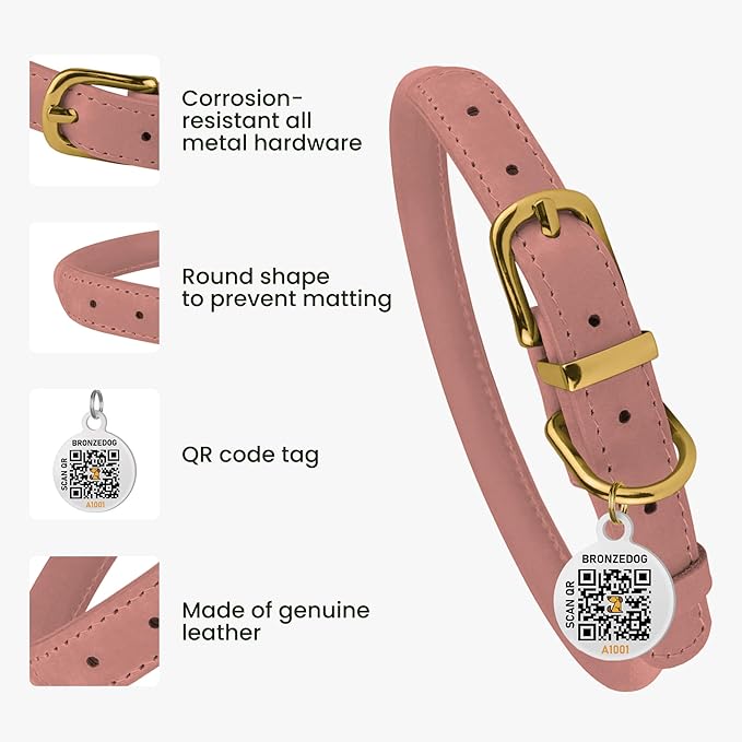 BRONZEDOG Rolled Leather Dog Collar with QR ID Tag Adjustable Soft Round Collars for Small Medium Large Dogs Puppy Cat (14" - 16" Neck Size, Blush)