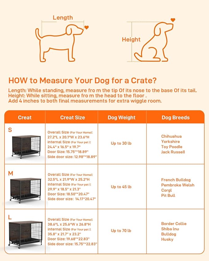 Dog Crate Furniture, Dog Kennel Indoor Double Doors Wooden Dog Cage, 32'' Dog Crate with Pull-Out Tray & Removable Wheels, Decorative End Table Pet House Chew-Resistant for Medium Dog, Rustic Brown