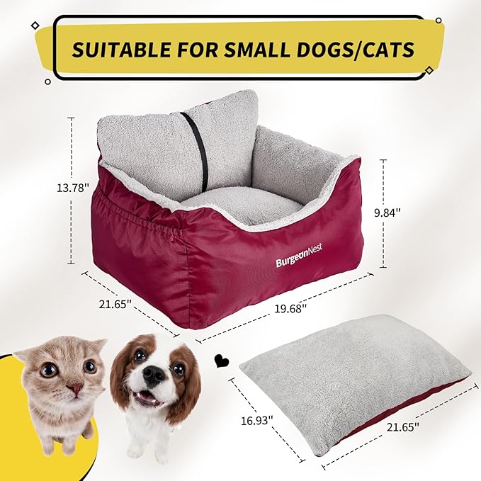 BurgeonNest Dog Car Seat for Small Dogs, Fully Detachable and Washable Carseats Under 25, Soft Booster Seats with Storage Pockets Clip-On Leash Portable Travel Carrier Bed Red (dbs-r)