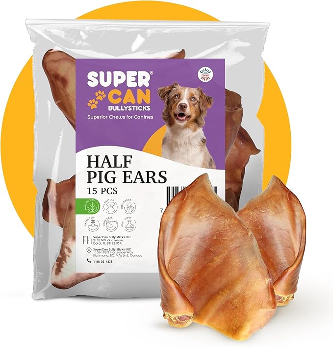 Supercan Bully Sticks Pig Ear Chews for Dogs โ Half Pig Ears (15 Count) - All Natural Dog Treats - Healthy Chews for Large Medium & Small Dogs - Promotes Dental Health - Long Lasting