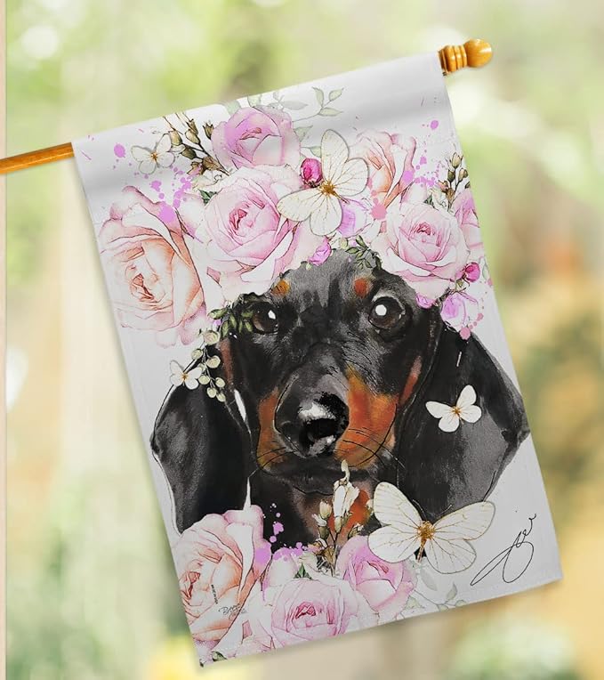 Breeze Decor Dachshund Floral House Flag Set Dog Puppy Spoiled Paw Canine Fur Pet Nature Farm Animal Creature Decoration Banner Small Garden Yard Gift Double-Sided, Made in USA