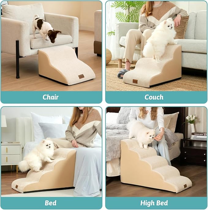 Dog Stairs for High Bed 22.6" H, Small Pet Steps with Leakproof Cover, High Density Foam Cat Ramp for Bed, Car or Couch, Lightweight, Durable, Comfort, 15.7x33x22.6 inch, 5 Tiers, Beige