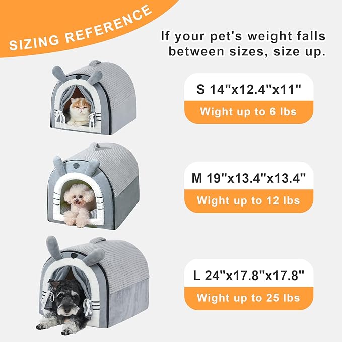 Jiupety Cute Small Dog Cave Bed with Door Curtain Design, Dog House with Reversible Washable Cushion, L Size Portable Puppy House, Cartoon Style Hut Up to 25lbs, Non-Slip Bottom, Grey