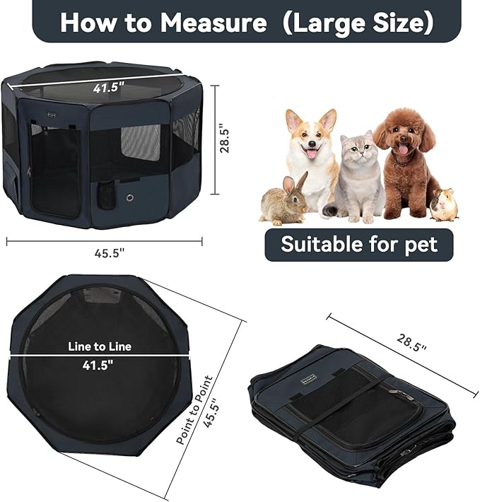 Petsfit 45.5" Dog Playpen with Dual Zipper Doors –Sturdy Foldable Pet Playpen for Large & Medium Dogs with Removable Mesh Top and Leakproof Bottom