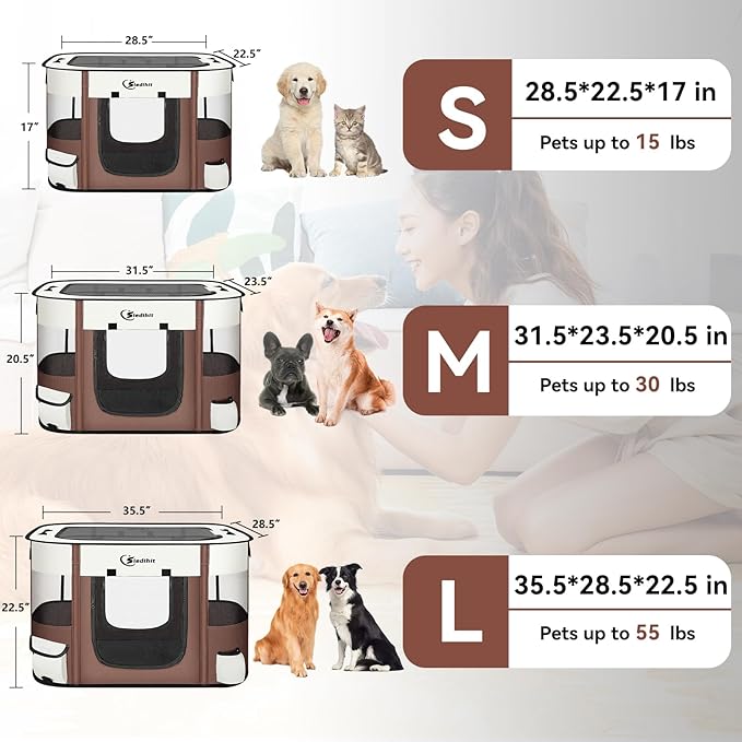 Dog Cat Playpen28/31/35in, Pet Puppy Portable Playpens for Outdoor Travel Crate, Indoor After Surgery Use, Foldable Dog Kennel Tent for Rabbit or Small Animals and Tent Stakes(Brown, Small)