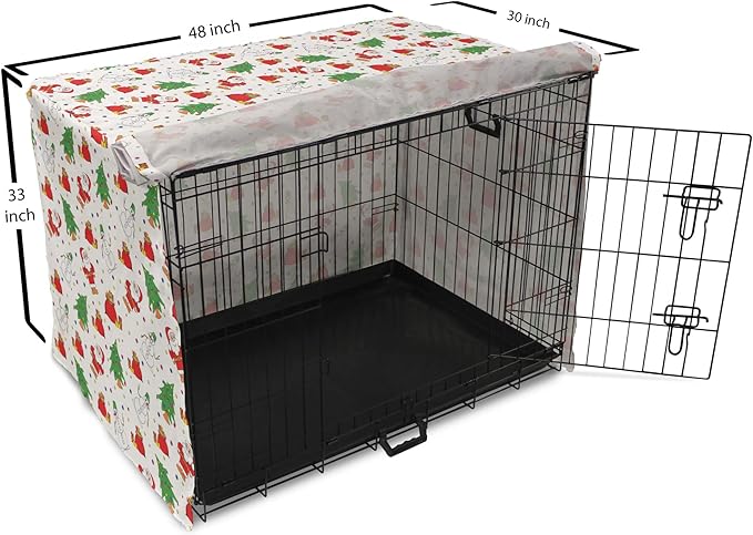 Ambesonne Christmas Dog Crate Cover, Xmas Santa Claus Tree on Colorful Polka Dot Backdrop Surprise Boxes Art, Easy to Use Pet Kennel Cover for Medium Large Dogs, 48 Inch, Green and Red