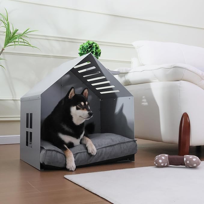 Modern Metal Dog House with Plush Cushion – Open Design Dog Bed, Cozy Pet Cave for Dogs & Cats, Stylish Indoor Pet Furniture