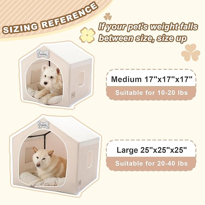 Jiupety Indoor Dog House with Frame, Cute Dog Tent Bed with Cover Cave, Breathable, Washable, and Foldable House, Suitable for 20-40 Lb, Large (25"×25"×25"), Beige